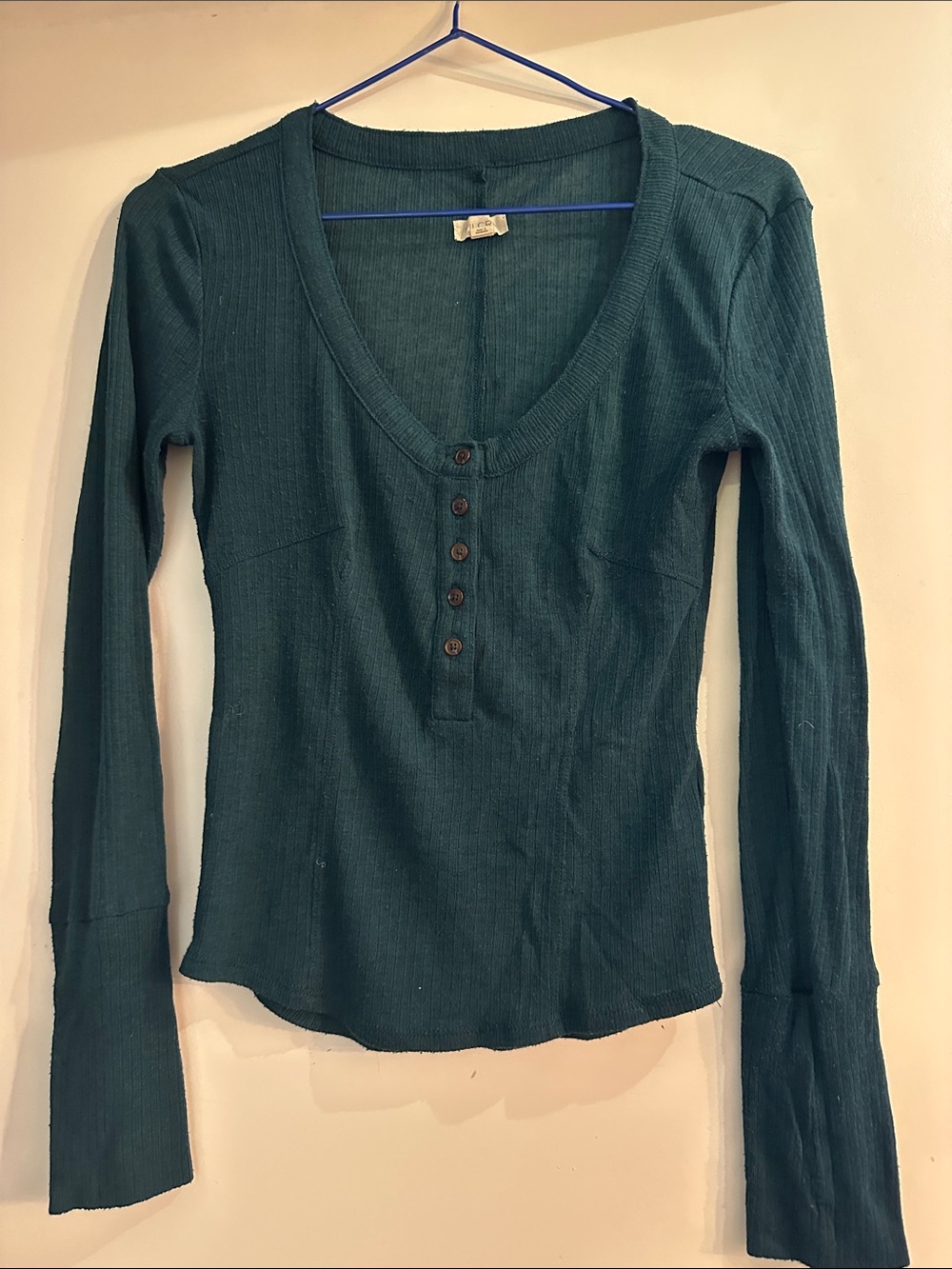 Pilcro (Anthropologie) Long-Sleeve Ribbed Henley Top - Teal Green